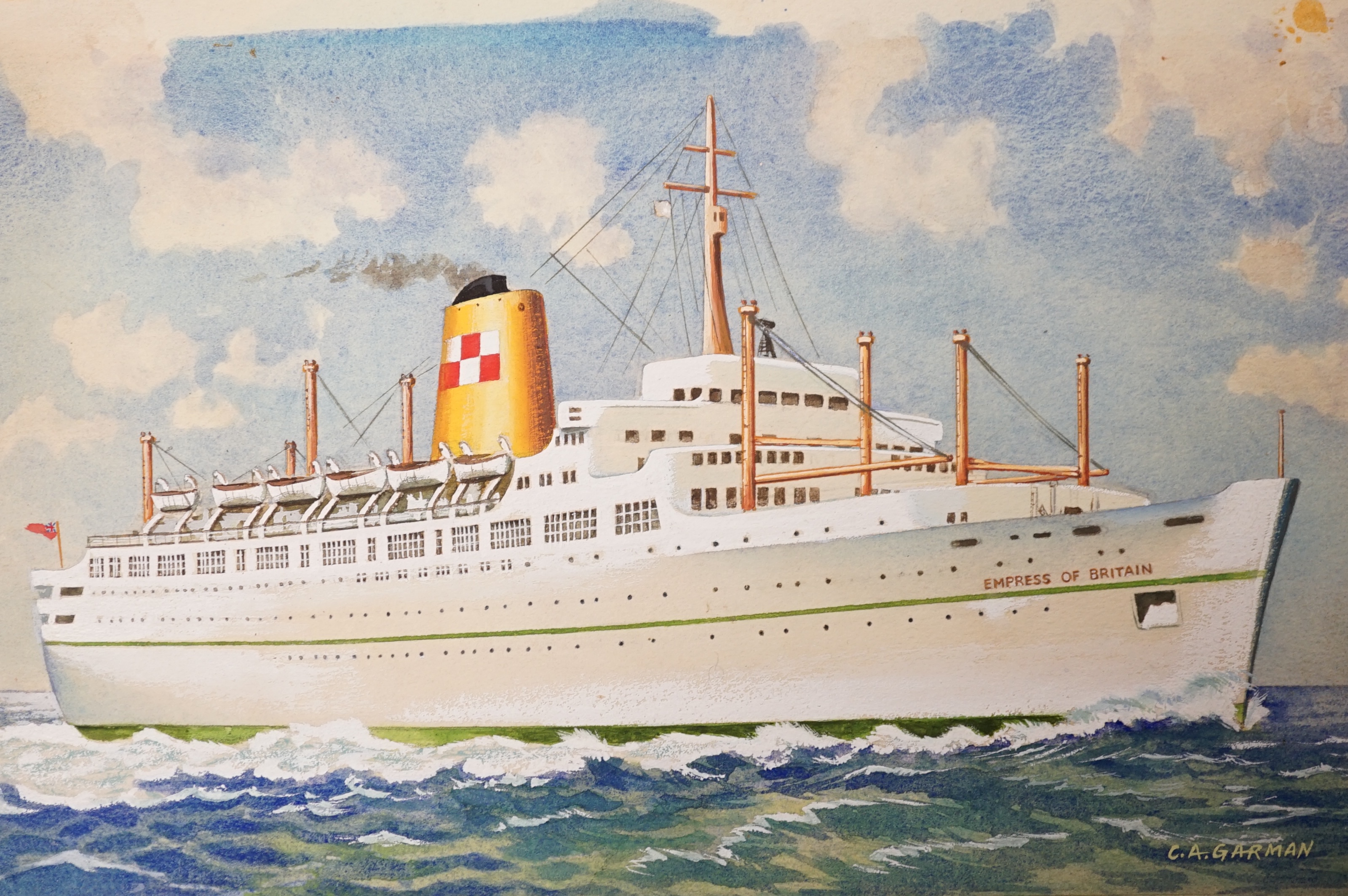 Cyril A Garman (20th. C), set of five original watercolours for postcard designs, ocean liners, ‘Pendennis Castle’, ‘Statendam’, ‘Empress of Britain’, ‘Amazon’ and ‘Rotterdam’, each signed, unframed, largest 24 x 35cm. C